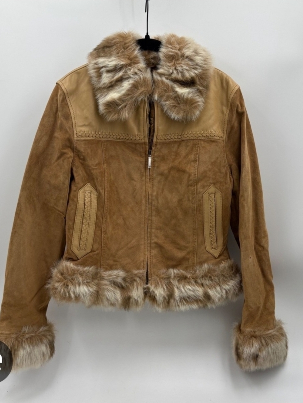 Cripple Creek Women's Suede Braided Leather Full-zip Short Jacket Tan Size Large